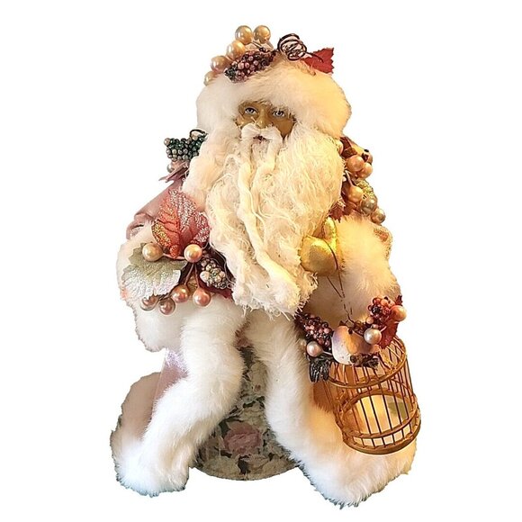Pink Velvet Santa 13.5” Tree Topper with Birds and Birdcage Fur Floral Vintage